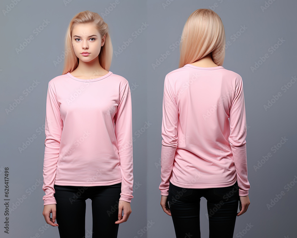 Woman wearing a pink T-shirt with long sleeves. Front and back view Woman wearing a pink T-shirt with long sleeves. Front and back view