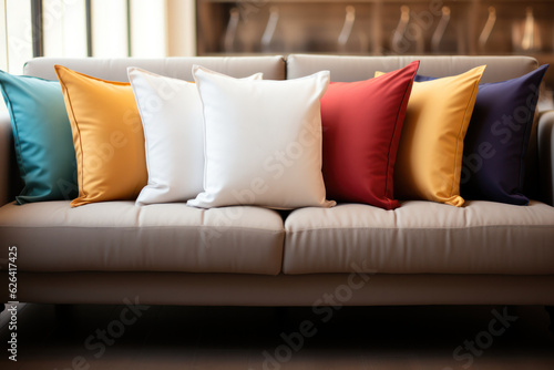 Close-up Minimalist White Blank Pillow Mockup on Sofa, Empty Cushion, Cozy Living room Vibes for Stylish Home Decor. Generative AI