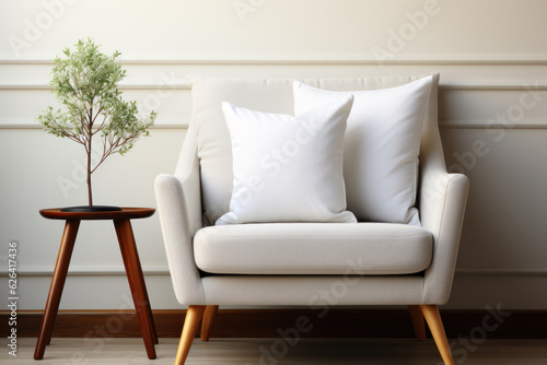 Close-up Minimalist White Blank Pillow Mockup on the Armchair, Empty Cushion, Cozy Living room Vibes for Stylish Home Decor. Generative AI