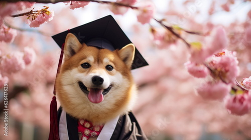Photographie Happy smiling shiba inu dog wearing university graduation hat outdoors in Japanese garden