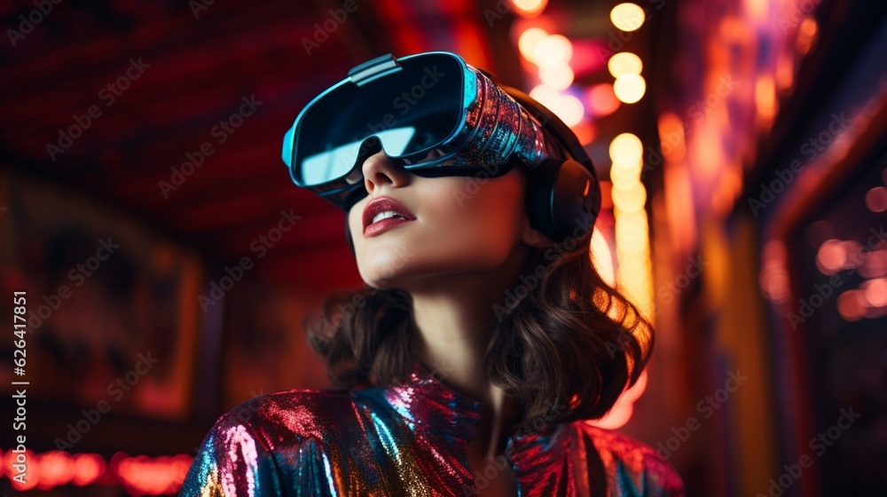 Woman wearing virtual reality headset goggles