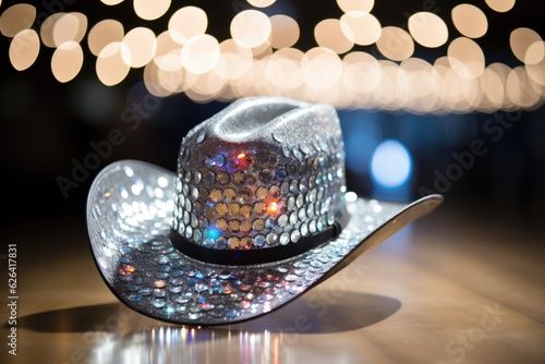 A cowboy hat sitting on top of a wooden table. Digital image. Discoball hat.