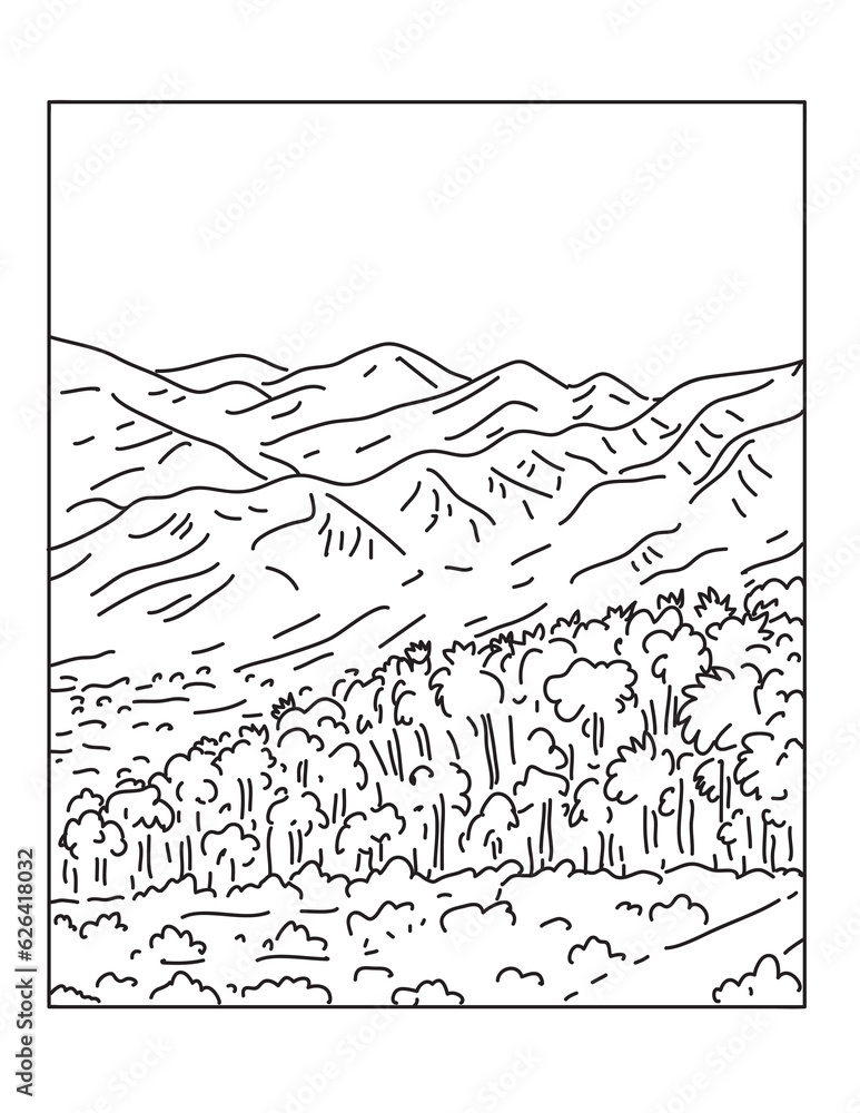 Obraz premium Mono line illustration of Sand to Snow National Monument located in San Bernardino County and northern Riverside County, Southern California done in monoline line art style.