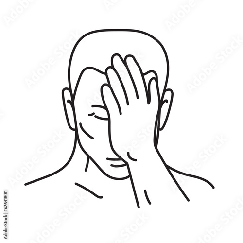 Mono line illustration of a facepalm with man placing hand across face, lowering face into hand covering eye an expression of disbelief, shame or exasperation front done in monoline line art style.
