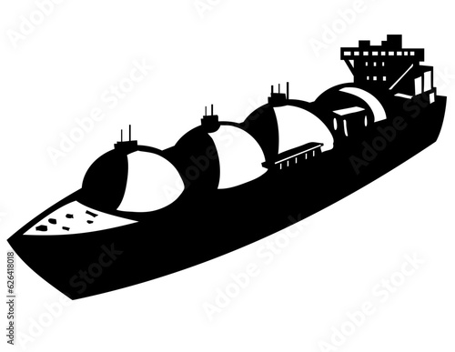 Retro style illustration of a LNG carrier, a tank ship designed for transporting liquefied natural gas or LNG on isolated background done in black and white.