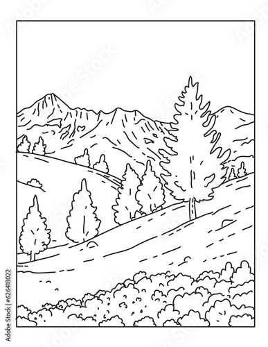 Mono line illustration of Mercantour National Park or Parc national du Mercantour located in the Alpes-de-Haute-Provence and Alpes-Maritimes departments in France done in monoline line art style. 