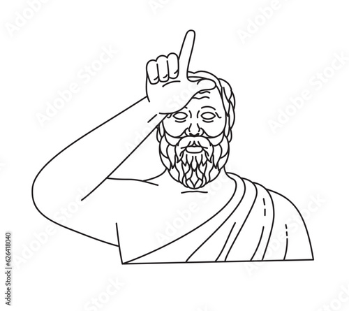 Mono line illustration of a Socrates Greek philosopher making the Loser hand gesture made by placing the hand in the L shape near the forehead a demeaning sign done in monoline line art style.
