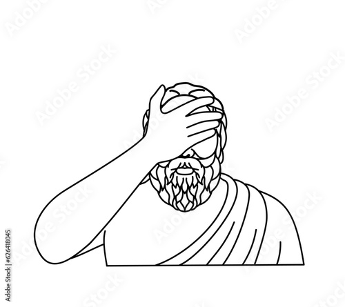 Mono line illustration of Socrates, a Greek  Philosopher doing a facepalm gesture in  disbelief, shame or exasperation done in monoline line art style.
