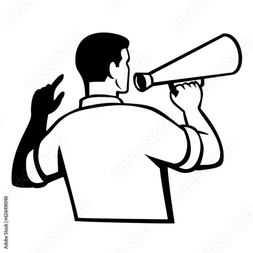 Union Activist Worker with Bullhorn Megaphone Loudspeaker Viewed from Rear View Retro Style

