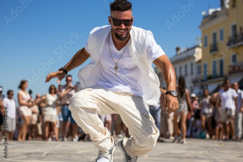 A man dancing and jumping on a street next to a crowd. Digital image.