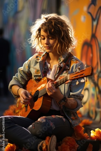 A woman, young artist, musician, is sitting on the ground playing a guitar. Digital image.