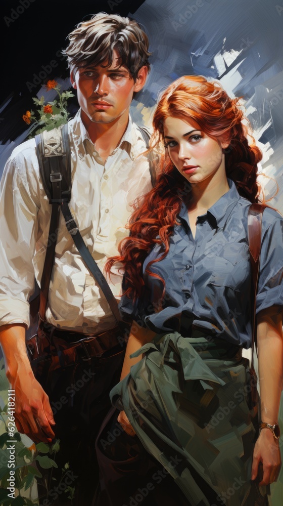 A painting of a man and a woman standing next to each other. Digital image.