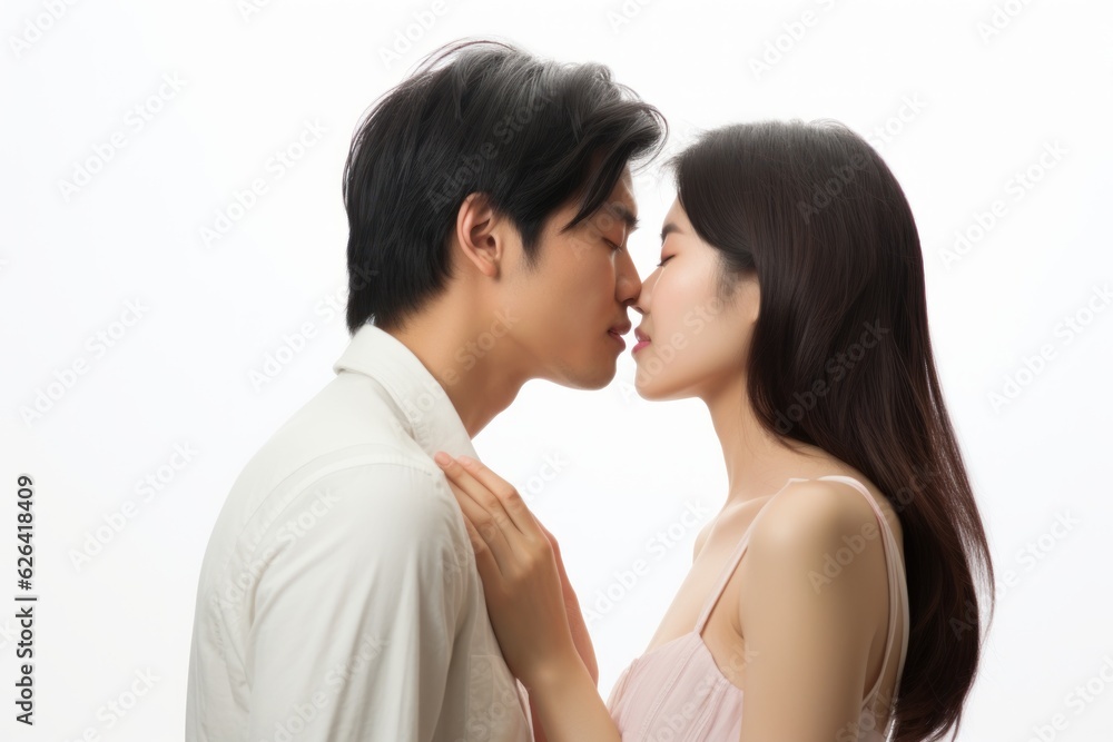 a beautiful heterosexual asian couple kissing and looking in each others eyes. true romantic love. man and woman close to each other. isolated on white background. Generative AI