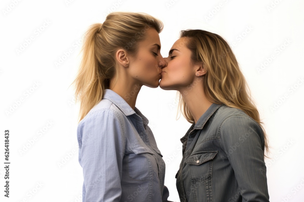 a beautiful homosexual lesbian white european american couple kissing and looking in each others eyes. true romantic love. two women. close to each other. isolated on white background. Generative AI a beautiful homosexual lesbian white european american couple kissing and looking in each others eyes. true romantic love. two women. close to each other. isolated on white background. Generative AI