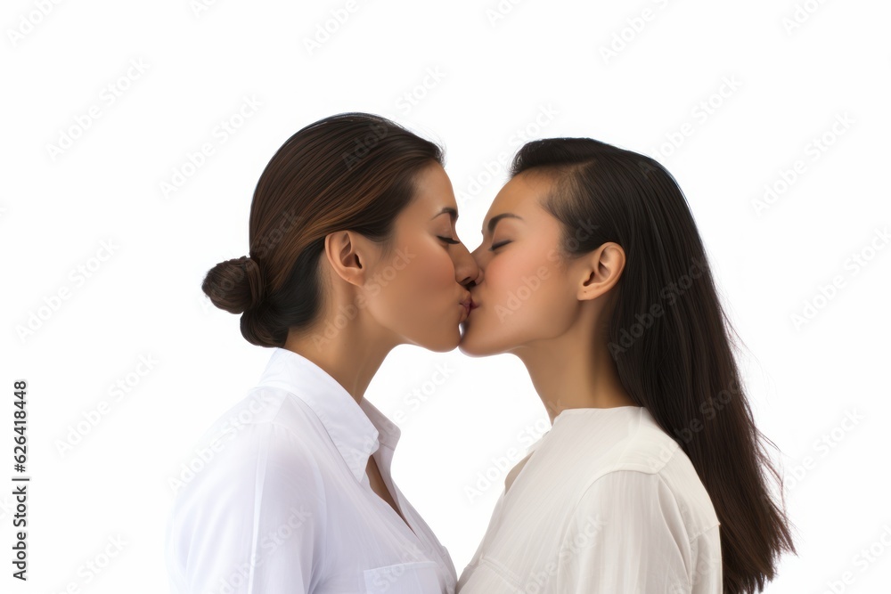 a beautiful homosexual lesbian asian couple kissing and looking in each others eyes. true romantic love. two women of same gender. close to each other. isolated on white background. Generative AI a beautiful homosexual lesbian asian couple kissing and looking in each others eyes. true romantic love. two women of same gender. close to each other. isolated on white background. Generative AI