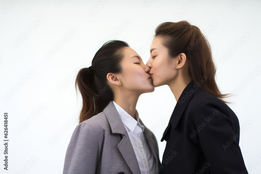 a beautiful homosexual lesbian asian couple kissing and looking in each others eyes. true romantic love. two women of same gender. close to each other. isolated on white background. Generative AI a beautiful homosexual lesbian asian couple kissing and looking in each others eyes. true romantic love. two women of same gender. close to each other. isolated on white background. Generative AI