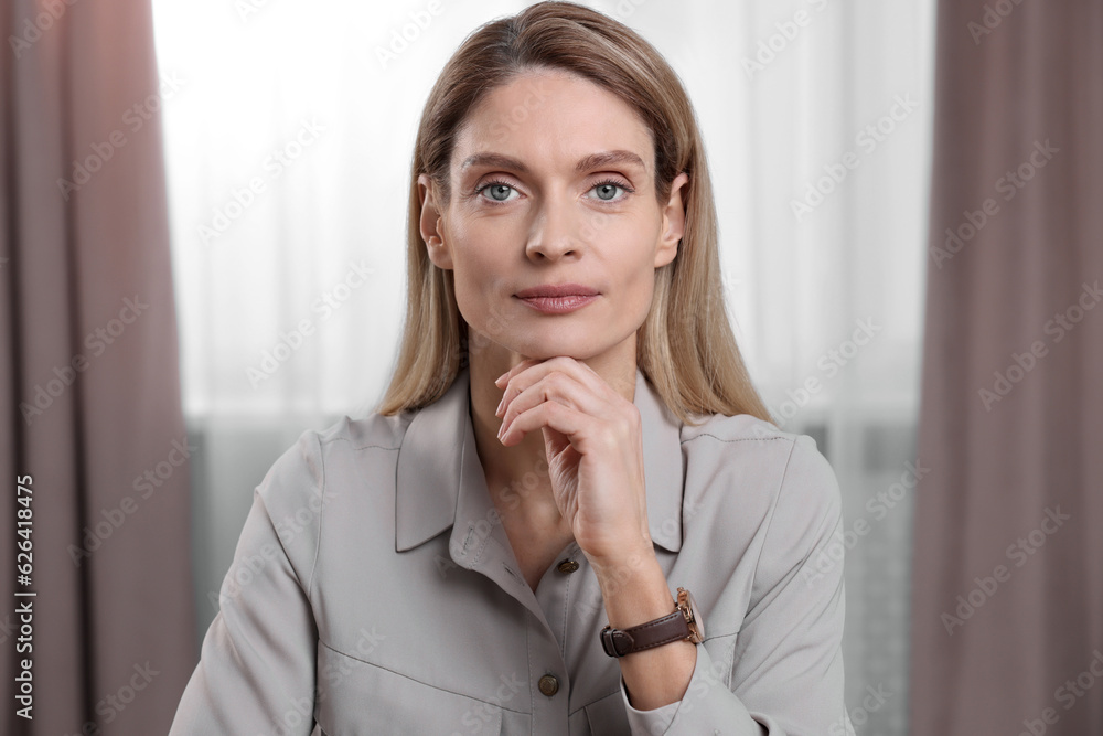 Woman having video call indoors, view from web camera Woman having video call indoors, view from web camera