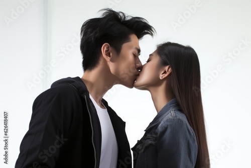 a beautiful heterosexual asian couple kissing and looking in each others eyes. true romantic love. man and woman close to each other. isolated on white background. Generative AI