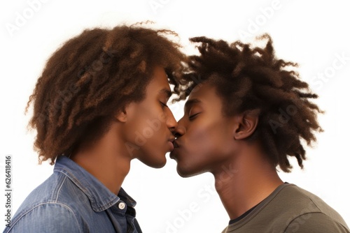 a beautiful homosexual gay black afro-american couple kissing and looking in each others eyes. true romantic love. two men same gender. close to each other. isolated on white background. Generative AI