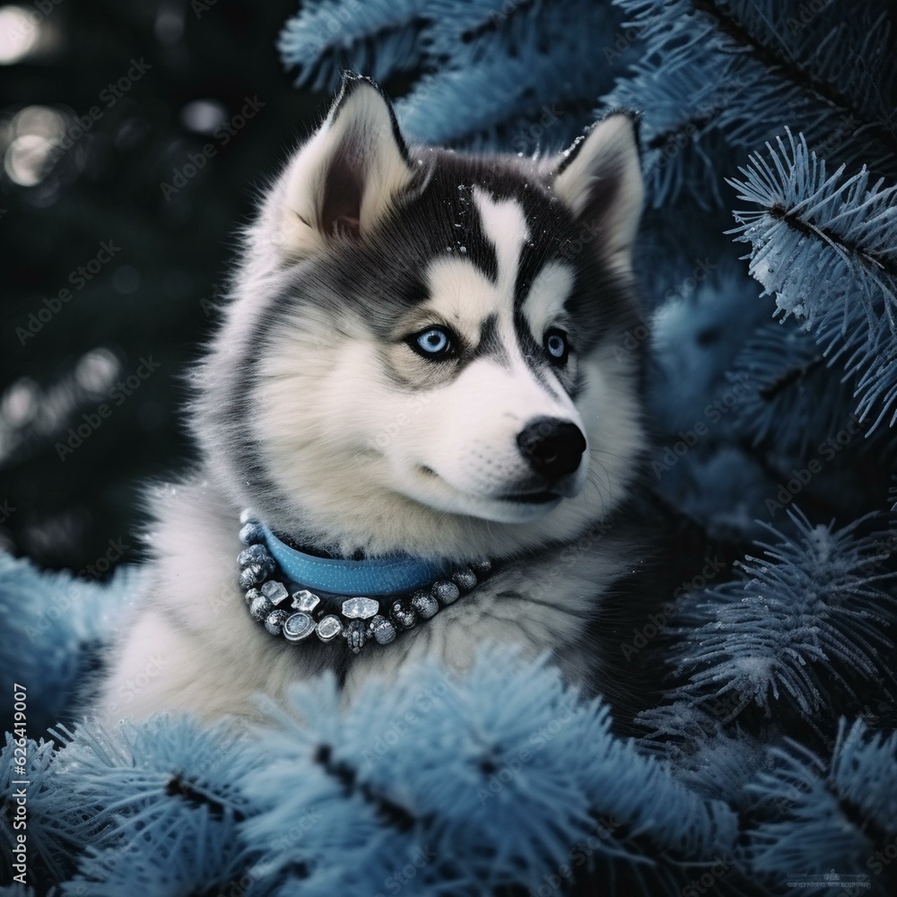 Husky puppy next to Christmas tree