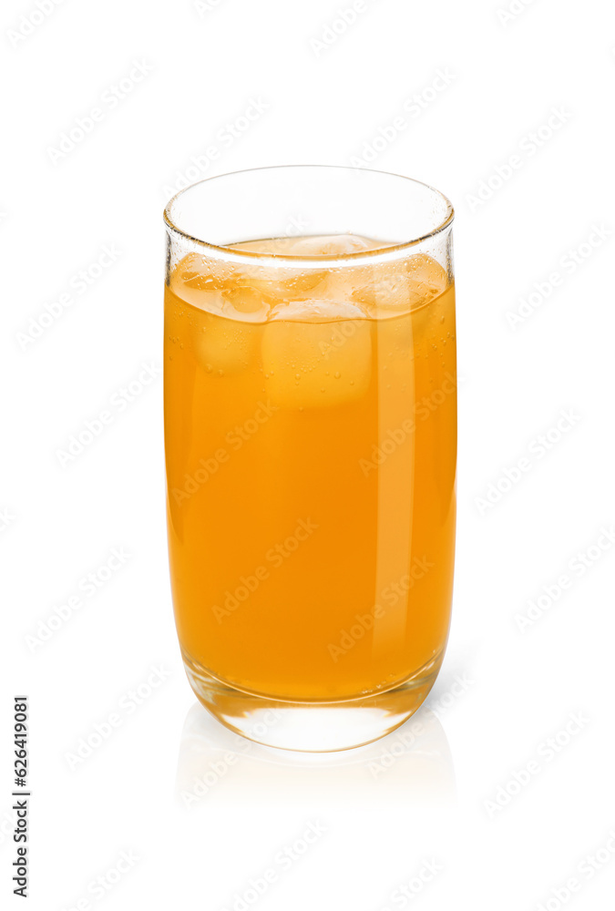 Glass of orange soda water with ice cubes isolated on white Glass of orange soda water with ice cubes isolated on white