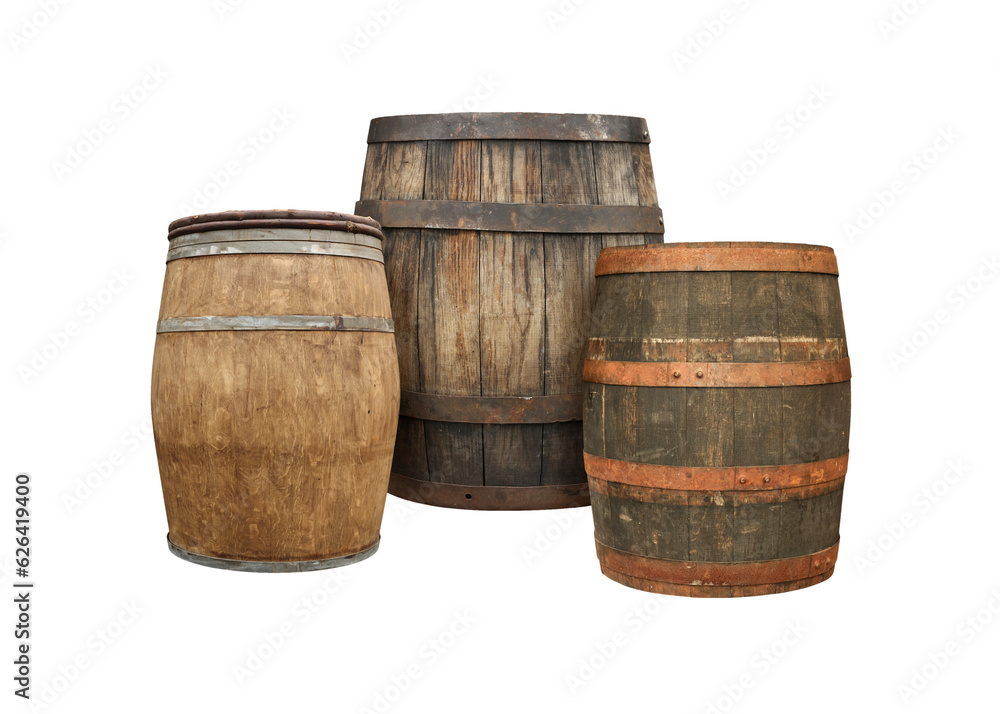 Many different wooden barrels on white background Many different wooden barrels on white background