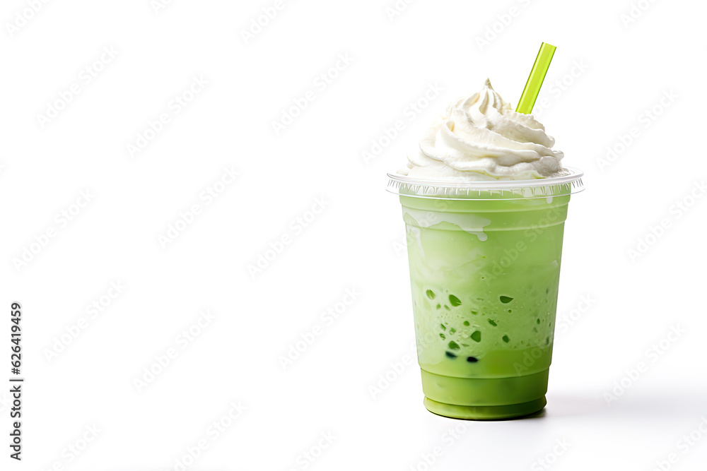Green tea frappucino with whipped cream in a takeaway cup isolated on white background with copy space Green tea frappucino with whipped cream in a takeaway cup isolated on white background with copy space