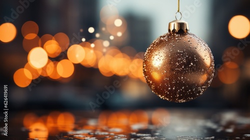 A Christmas bauble with lights and blurred background. Generative AI. 