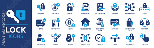 Lock icon set. Containing padlock, security, unlock, lock document, secured, biometric, chain, protect and secure icons. Solid icon collection. Vector illustration. photo