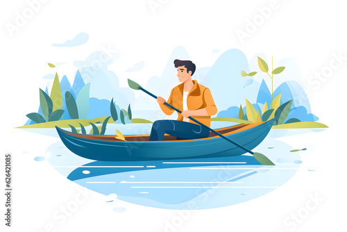 a man sitting in a canoe holding a paddle © 文广 张