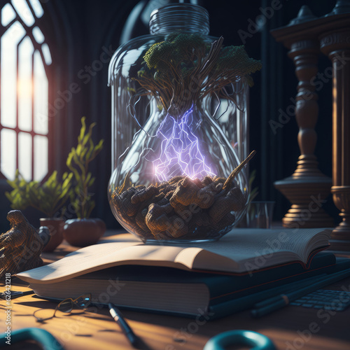 lamp and books with magical knowledge