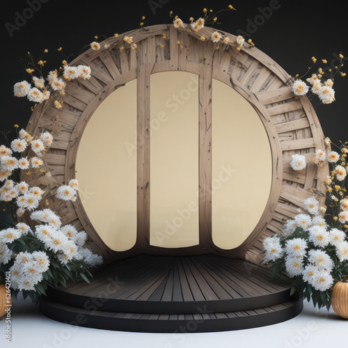 Round Wooden Podium with Lanterns and Chrysanthemum Background