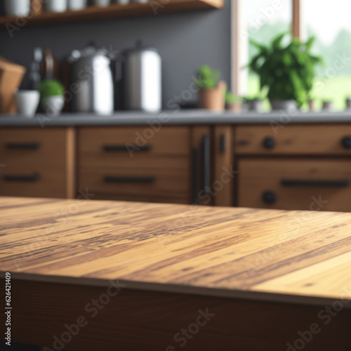 Stylish Wooden Table Top on Blurred Kitchen Background