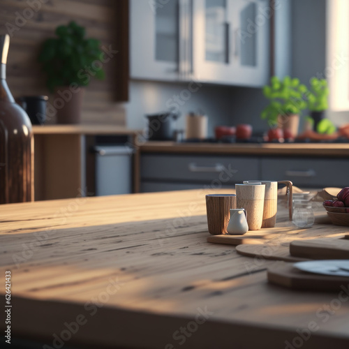 Stylish Wooden Table Top on Blurred Kitchen Background