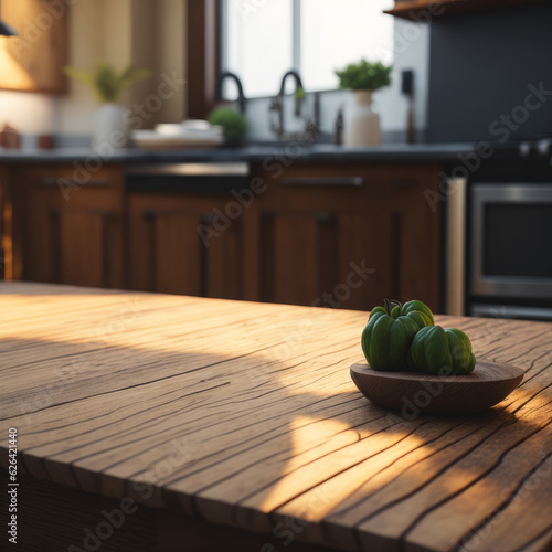 Stylish Wooden Table Top on Blurred Kitchen Background