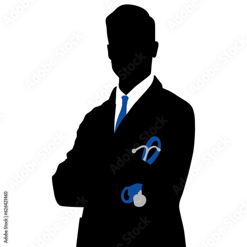 Silhouette of a doctor in a white coat is holding a stethoscope in hand. Hand-drawn vector illustration set isolated on white