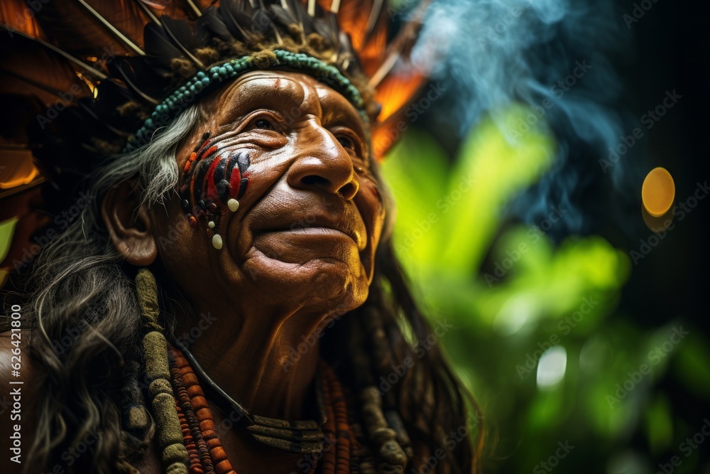 Apache Indian shaman is a native American man. The concept of Columbus day and the discovery of America. Portrait Apache Indian shaman is a native American man. The concept of Columbus day and the discovery of America. Portrait