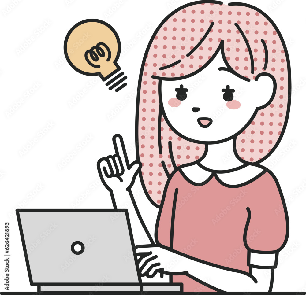 パソコンの前でひらめく女性