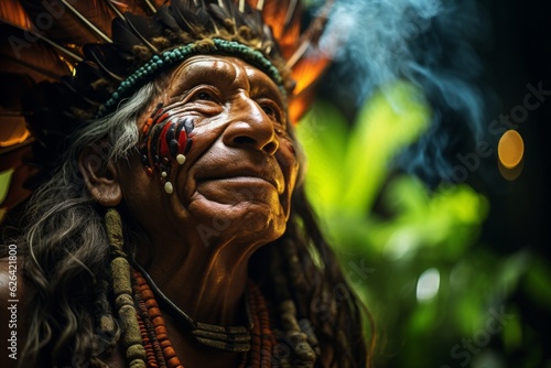 Apache Indian shaman is a native American man. The concept of Columbus day and the discovery of America. Portrait