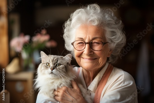 Fototapeta An aged woman hugs her beloved cat