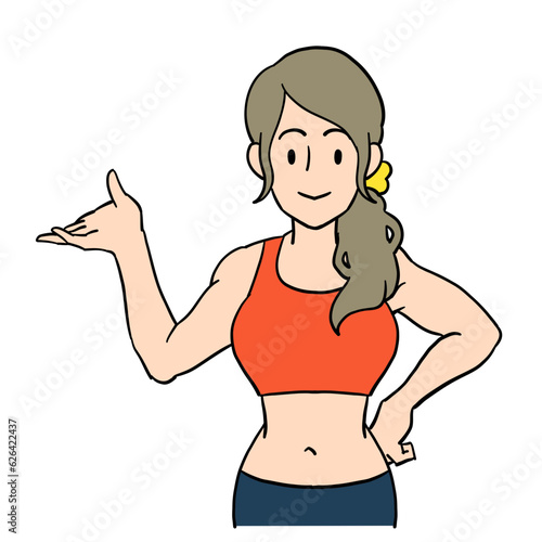 左側を指し示す女性のパーソナルトレーナー