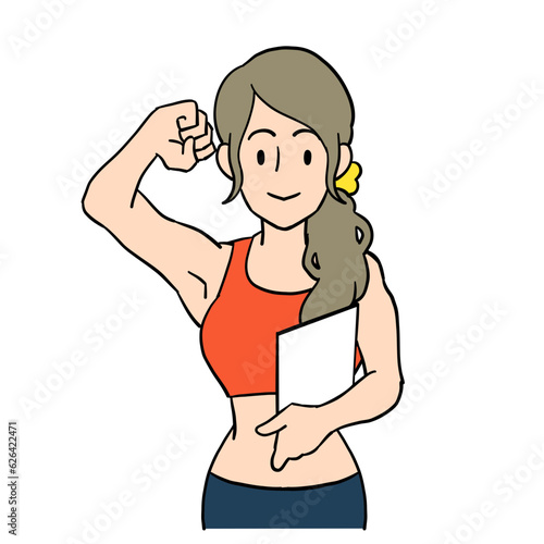 ファイルを持ってちからこぶを作るジムトレーナー