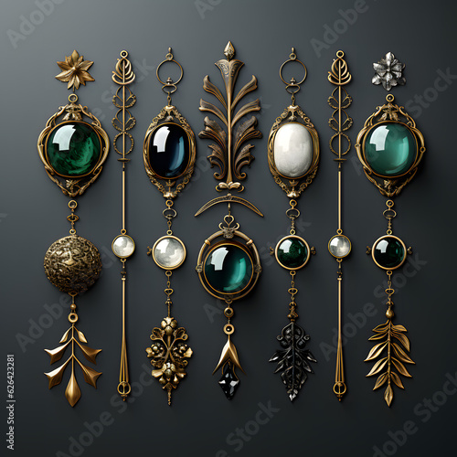 a group of various earrings brooch pins and necklaces