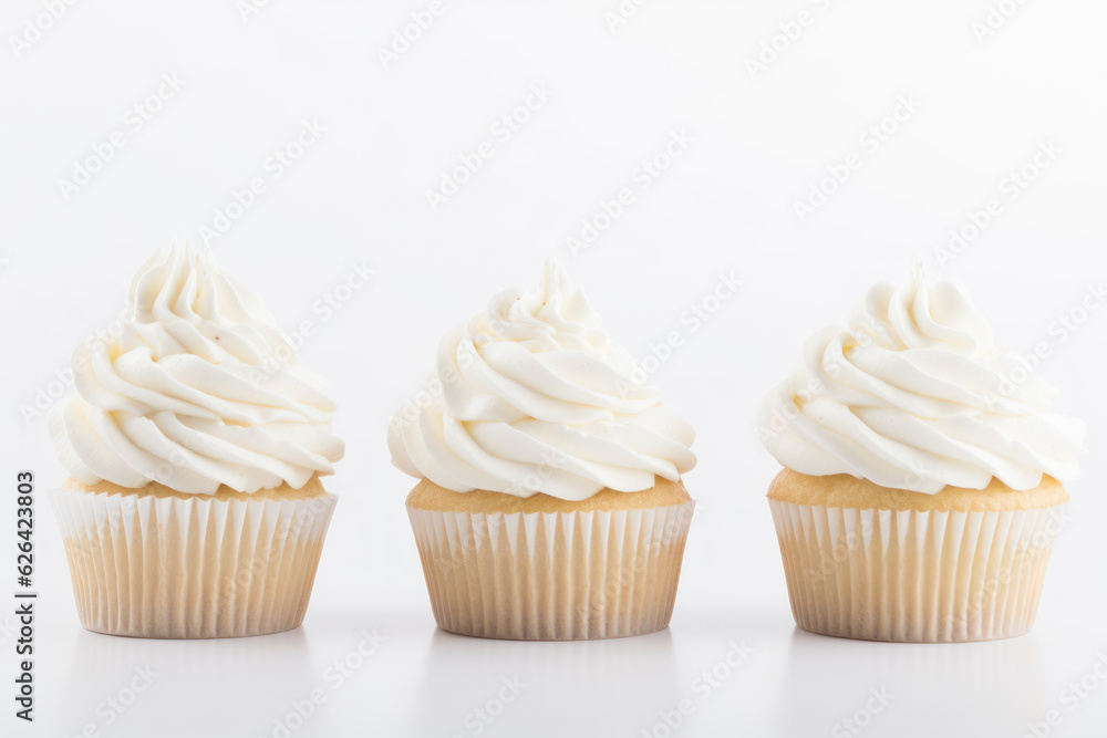 Three cupcakes on a white background.