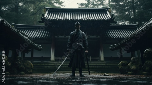 Canvas Print a epic samurai with a weapon sword standing in front of a old japanese temple shrine