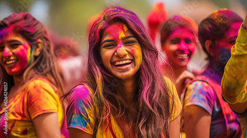 Photo of a Joyful Woman Group of People Covered in Colorful Powder from a Holi Festival AI Generated