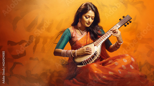 A Woman Playing a Sitar in a Traditional Indian Saree A Photo of Indian Classical Music AI Generated photo