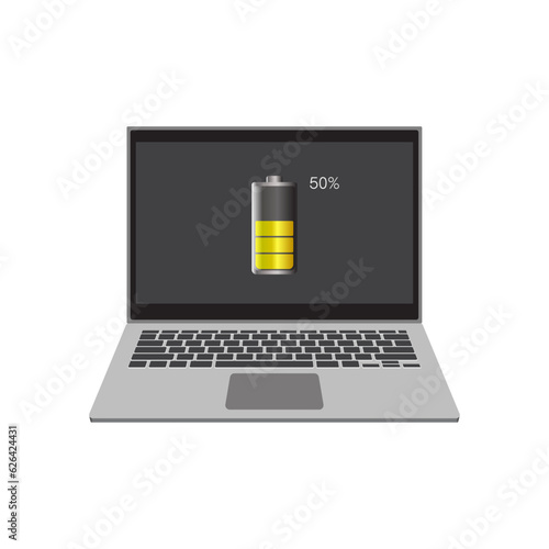 Laptop computer with 50% battery icon on screen, flat vector illustration EPS 10.