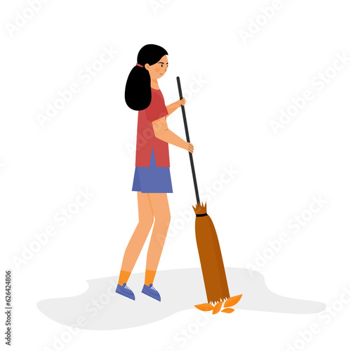 Girl sweep the floor illustration. Pretty woman sweeping leaves in  the yard illustration. Household chores.