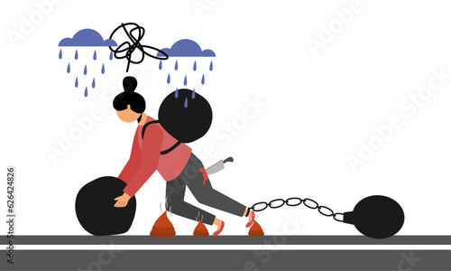 Girl strunggle depression, sad, stress, hopelessly and fed up with bad mental health illustration. 